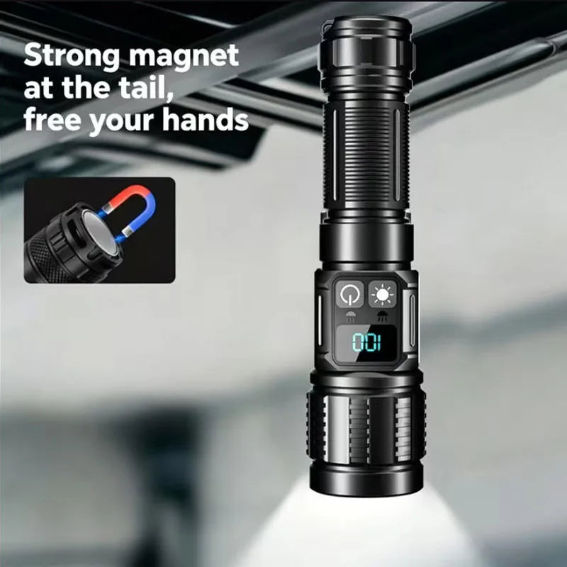 Rechargeable LED Flashlight With Magnetic Base Zoom And Power Display