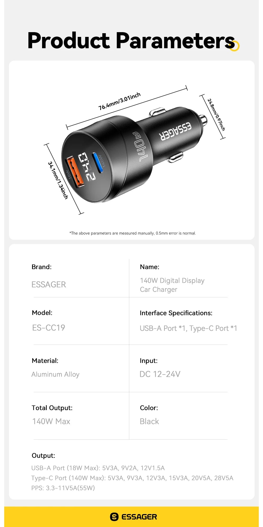140W USB C Car Charger PD 3.1 QC 4.0 Fast Charging USB A + Type C Adapter for Laptop & Phone