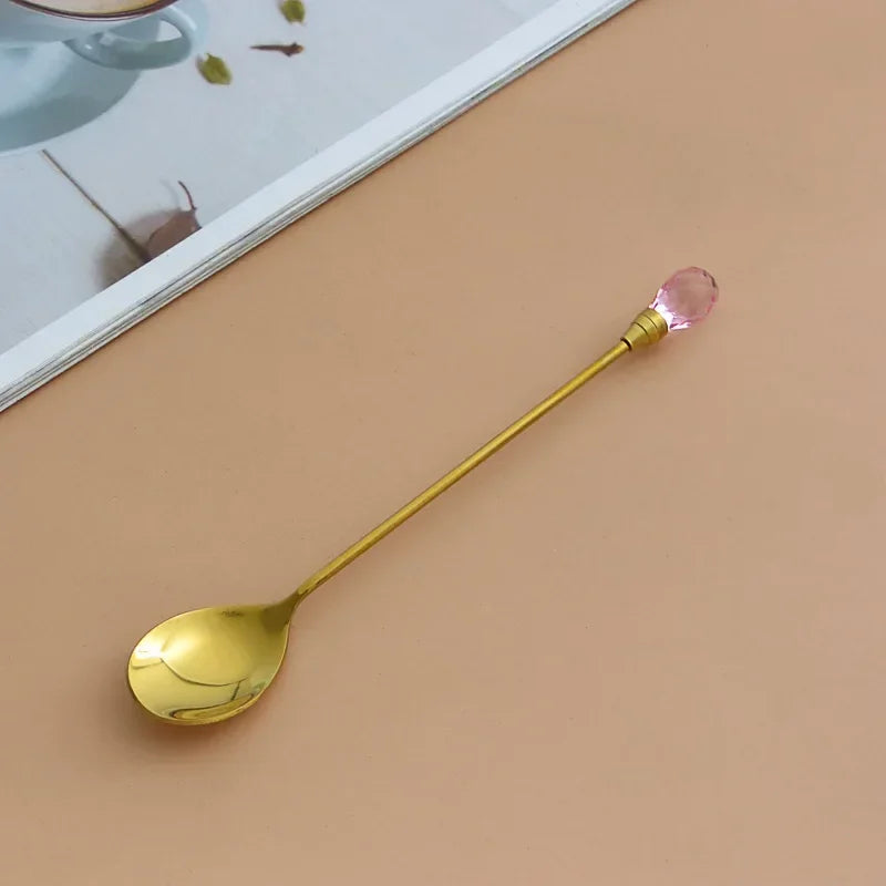 Stainless Steel Diamond Coffee Spoon and Fork Set Creative Crystal Long Handle, Perfect for Desserts, Ice Cream, Cake, and Fruit