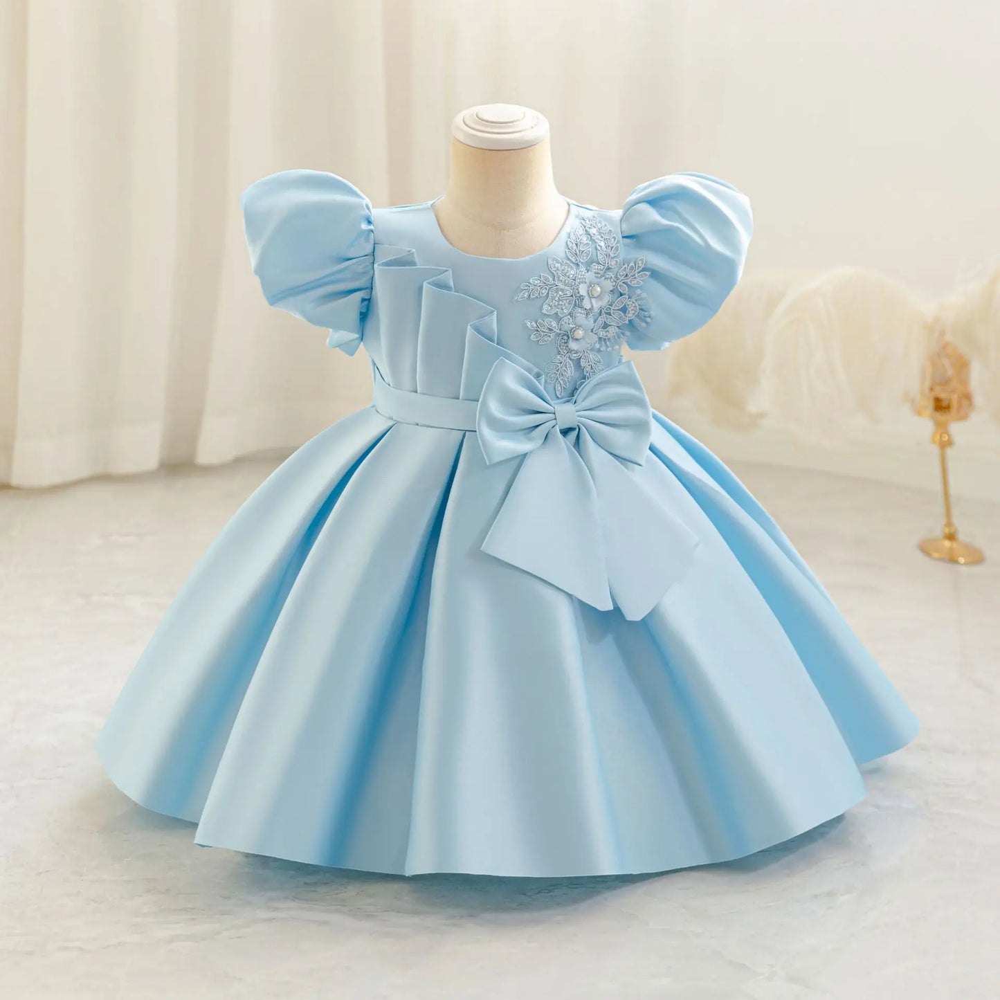 Baby Princess Party Dress with Bow and Bubble Sleeves