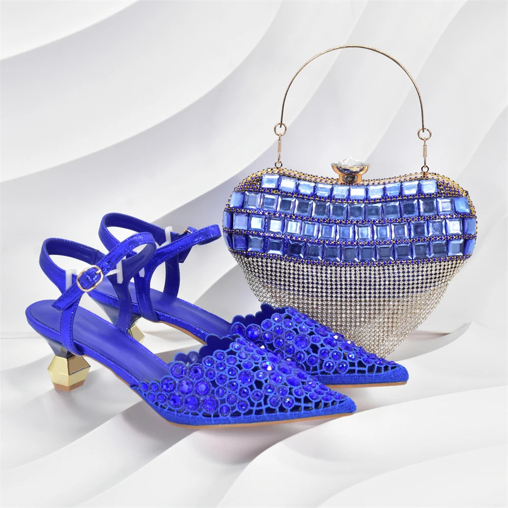 Italian Shoes and Bags Matching Set Rhinestones African Pointed Toe Women High Heel Evening Party Pumps Wedding Shoes Bride