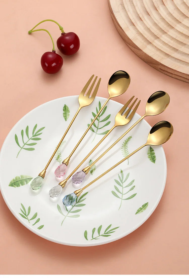 Stainless Steel Diamond Coffee Spoon and Fork Set Creative Crystal Long Handle, Perfect for Desserts, Ice Cream, Cake, and Fruit