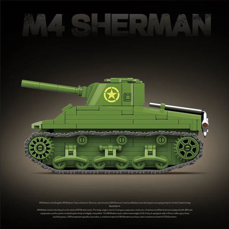 US Army Military World War WW2 M4 Sherman 75 Medium Tank Building Blocks Stuart Tank Bricks Educational Toys for s Gift