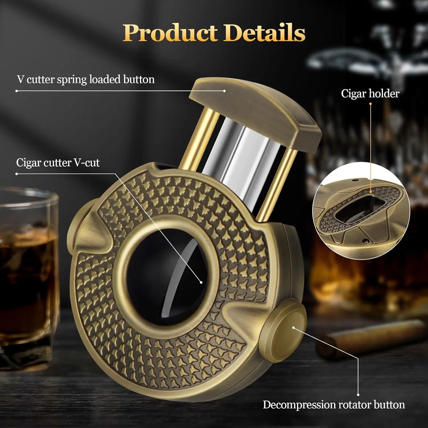 3-1 Cigar V Cutter with Stainless Steel Blade, Cigar Holder and Decompression Rotator, Round Cigar Cutter Ergonomically Designed