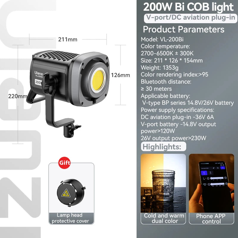 200W Bi-Color LED Video Light – Dimmable, Wireless APP Control, Continuous Studio & Photography Lighting