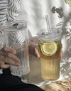 600ml Stripe Glass Cup with Lid And Straw Transparent Milk Tea Juice Cup Drinking Glasses Ice Water Coffee Mug Bar Drinkware
