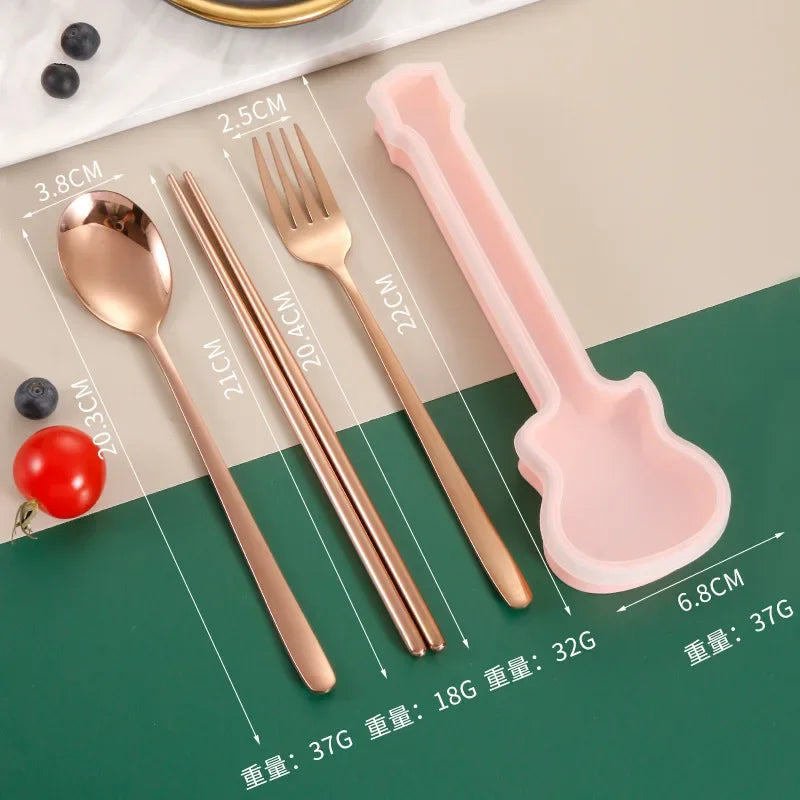 2/3Pcs Cutlery Set Fork Spoon Chopsticks Dinnerware Set 304 Stainless Steel Portable Travel Flatware Guitar Box