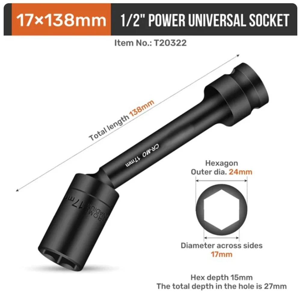 Impact Swivel Hex Socket Head Adapter 1/2-Inch Drive Universal Joint Cr-Mo Steel Spanner Converter 12-19mm