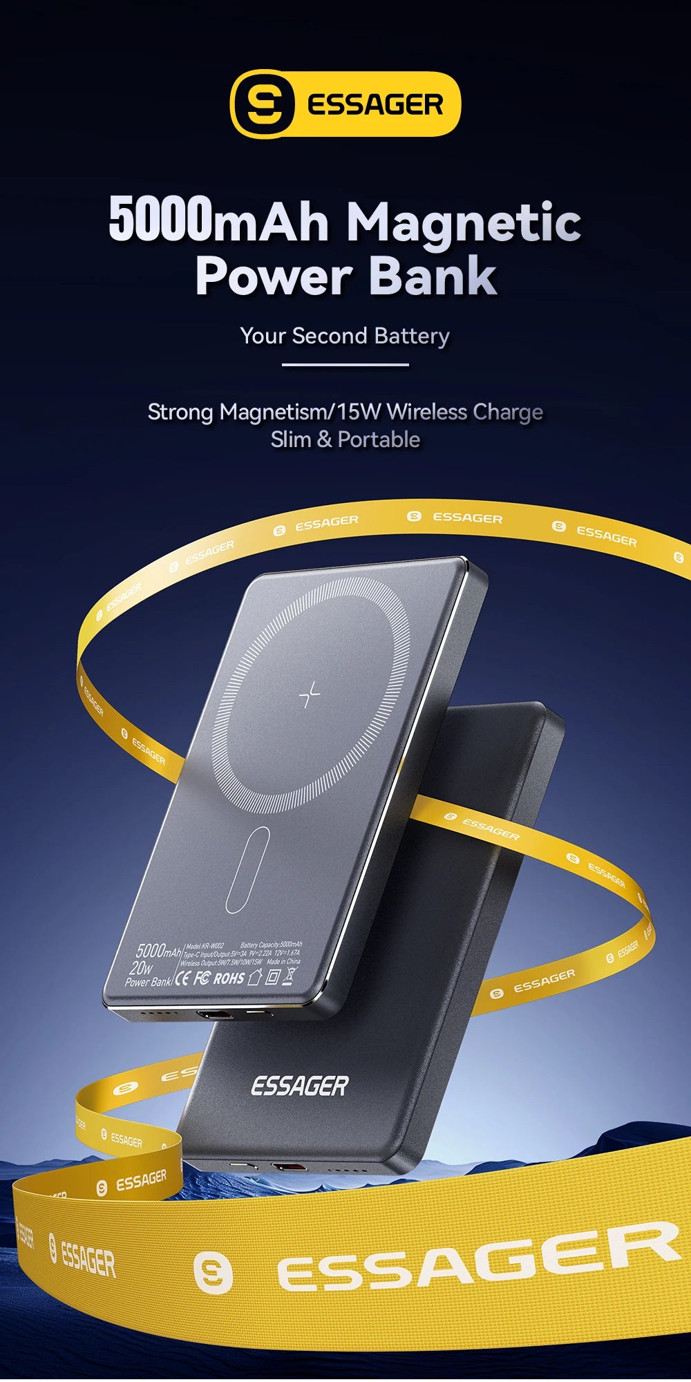5000mAh Magnetic Power Bank 20W PD Wireless Fast Charging Slim Portable Charger for iPhone MagSafe