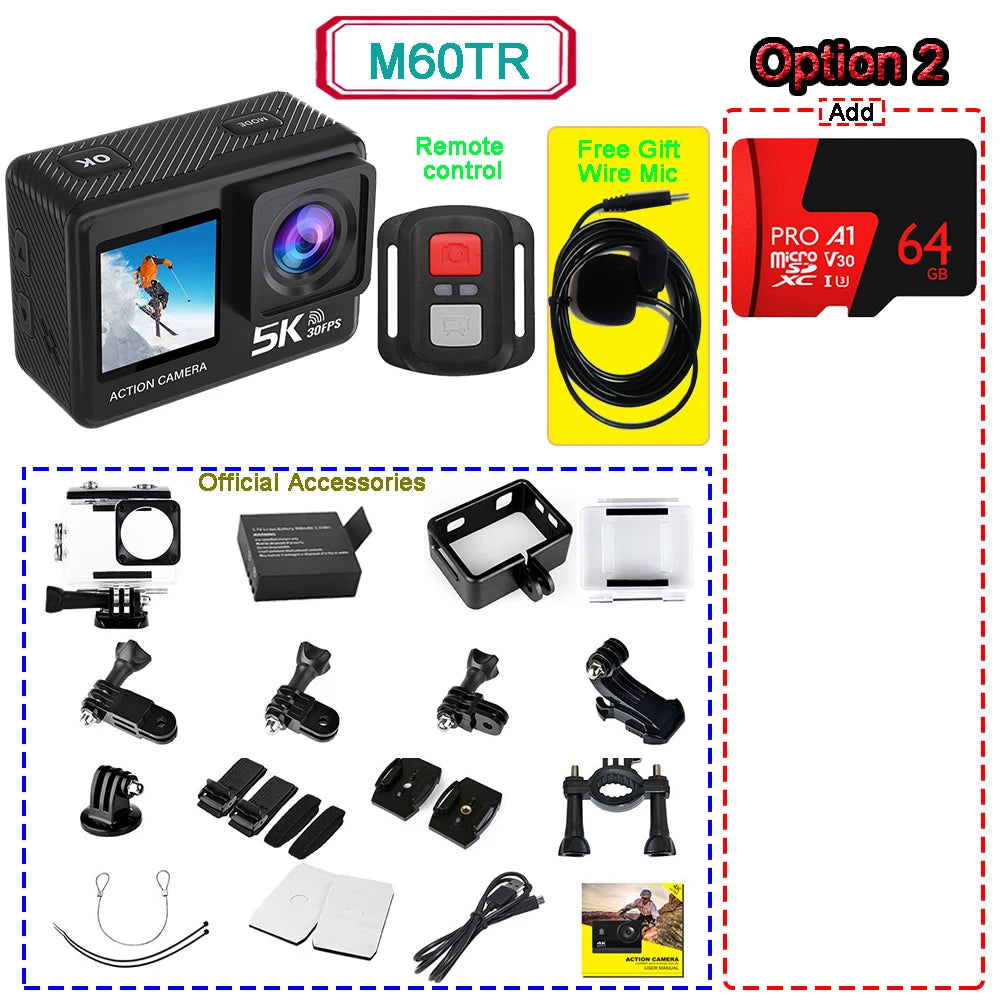 5K Ultra HD Action Camera with Dual Touch Screen WiFi EIS and 30M Waterproof Case