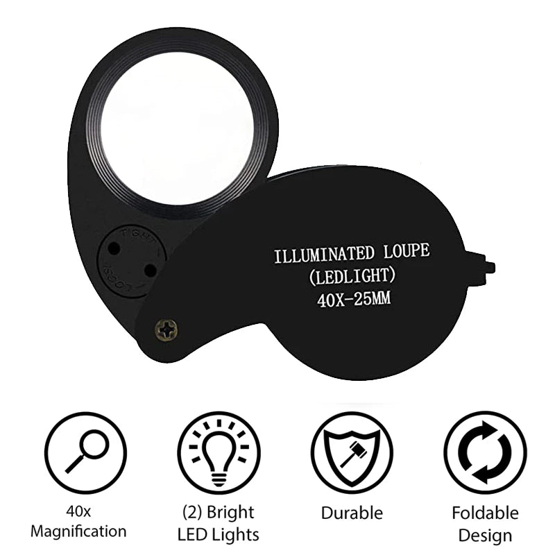 40X LED Foldable Jewelry Loupe 25mm Pocket Magnifier