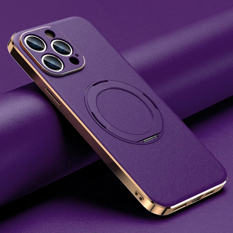 Leather for Magsafe Case for iPhone 16 15 14 Pro Max 16Pro Ring Luxury Lens Protection Holder Phone Back Cover