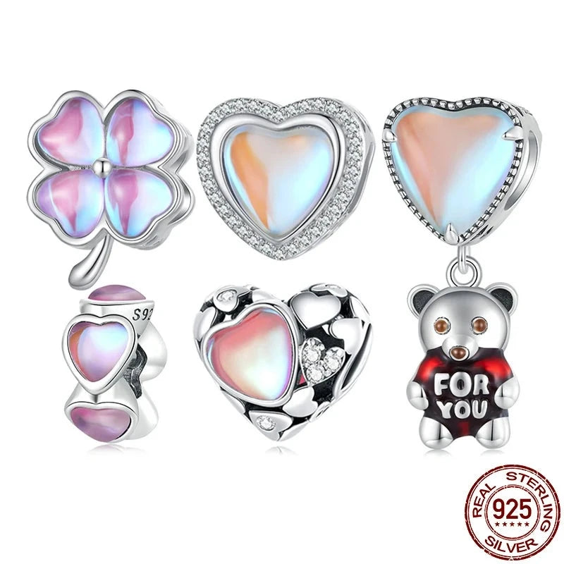 925 Sterling Silver Rainbow Crystal Lucky Clover Bead Heart Charm Bear Pendant