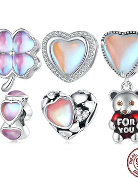 925 Sterling Silver Rainbow Crystal Lucky Clover Bead Heart Charm Bear Pendant
