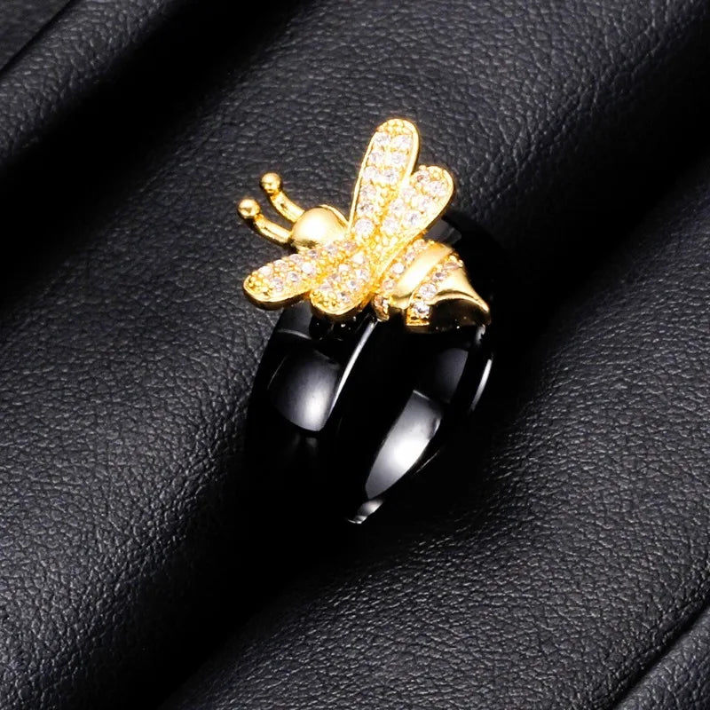 6mm Black/White Ceramic Crystal Bee Wedding Rings For Women Smooth Fashion Engagement Ring