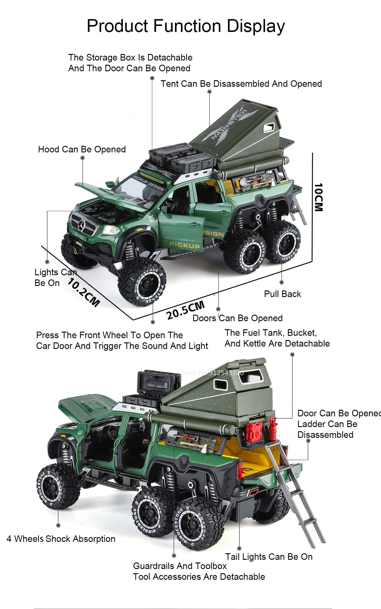 1:28 Scale X-Class 6x6 UNIMOG Motorhome Camping Car Model Toy Shock Absorption Sound Light Pull Back Off-road Vehicles Boys Gift