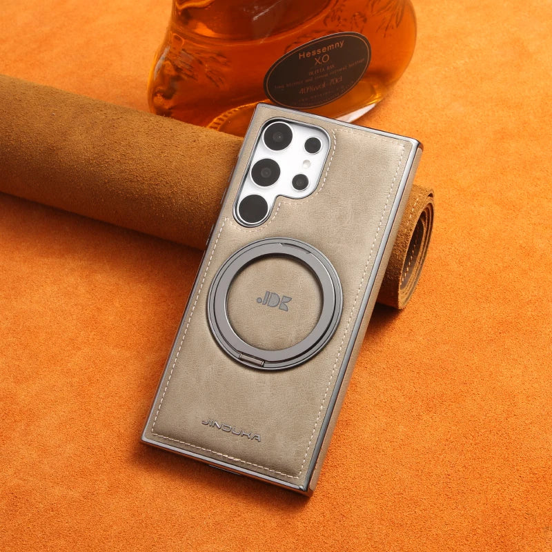 For Magsafe  360°Rotating Metal Car Bracket Ring Solid Color Leather Phone Case For Samsung S24 Ultra S22 S23 Ultra Plus