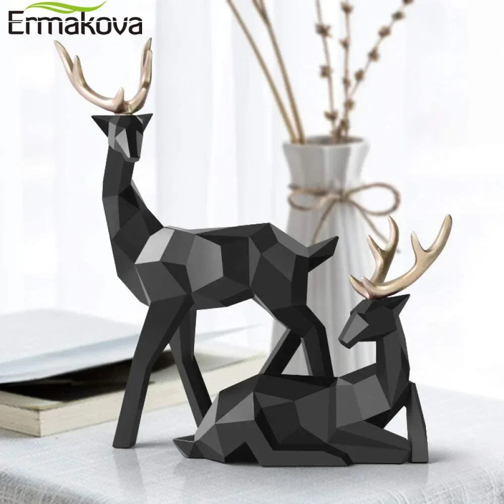 A Couple of 2Pcs Deer Statue Modern Geometric Sculpture Desktop Ornament Figurine Wine Cabinet Cafe TV Showcase Decor