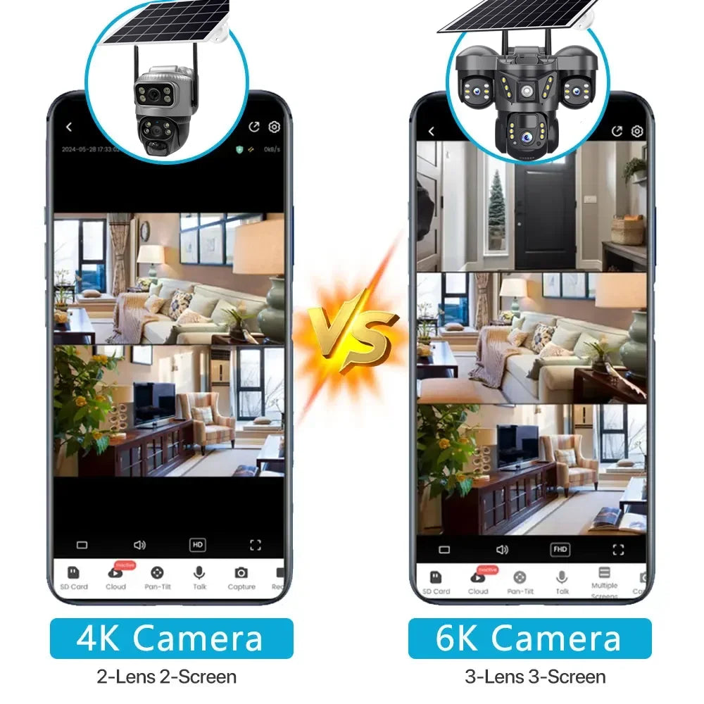 Solar Camera 4G Sim Card 15MP Outdoor 3 Lens 3 Screen PIR Human Detect Network IP Cameras Night Vision CCTV Security Protection