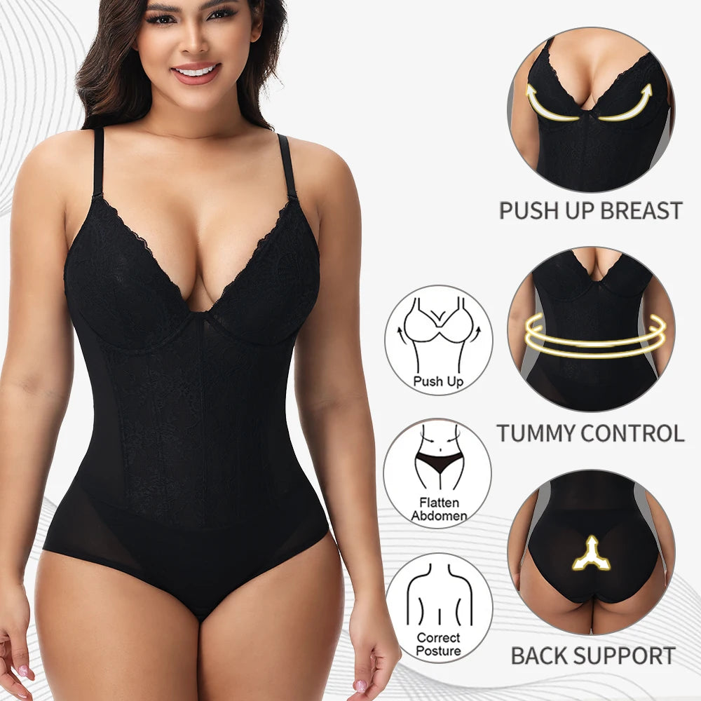 Lace Bodysuit for Women – V-Neck Backless Tummy Control Shapewear