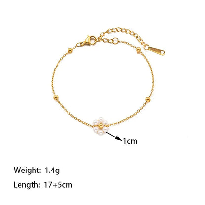 Titanium Steel Flower Pearl Necklace Bracelet Set For Women Girls Elegant 18K Gold Plated Bracelet Chain 45 cm