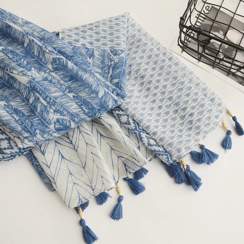 Spring Scarf Pink Blue Floral Paisley Printed Scarves Women Lady Girl Cotton Linen Bohemian Scarf For Summer Beach Shawl Bandana