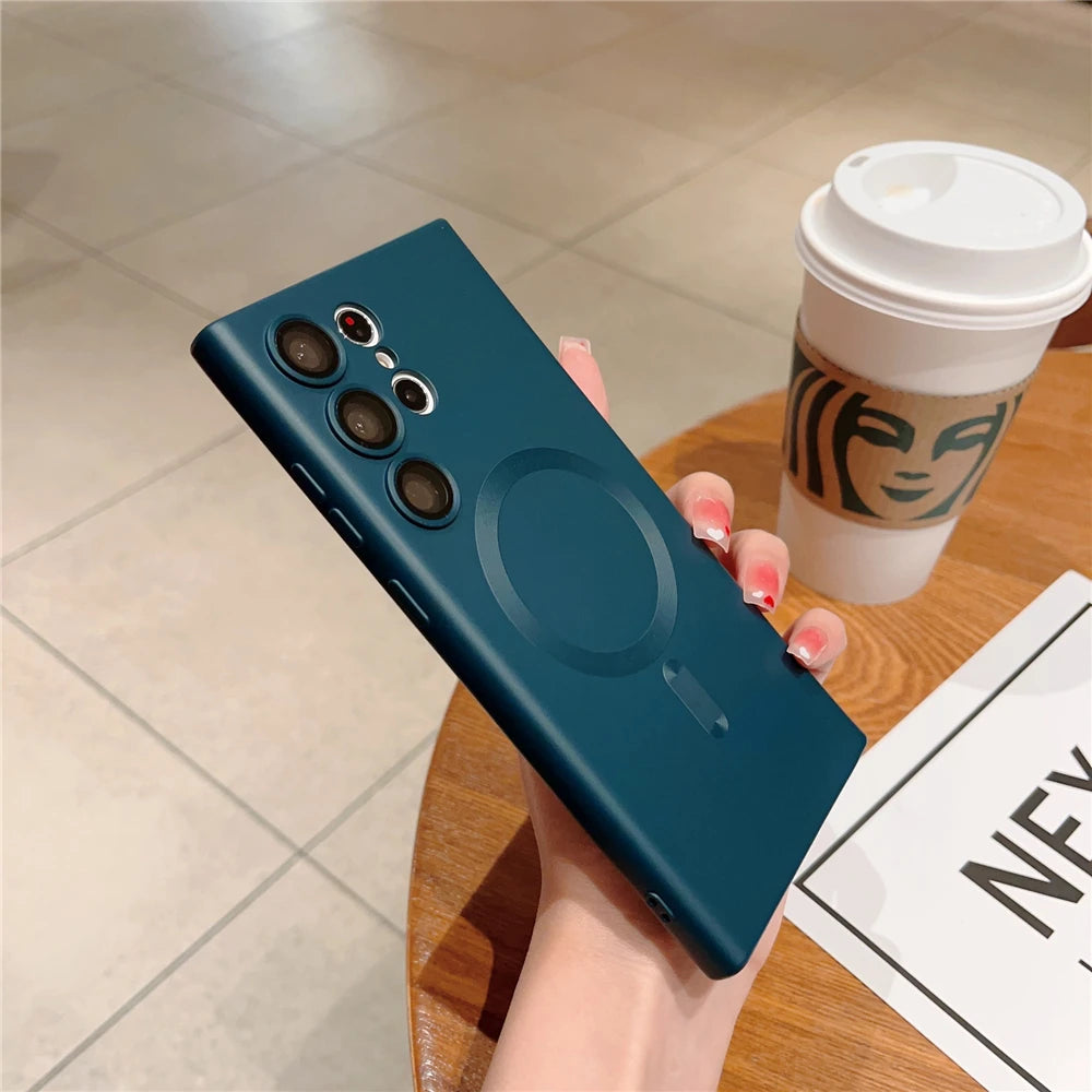 Matte For MagSafe  Wireless Charging Case For Samsung S24 S23 S22 Ultra Plus S21 FE Soft Silicon Lens Protection Cover