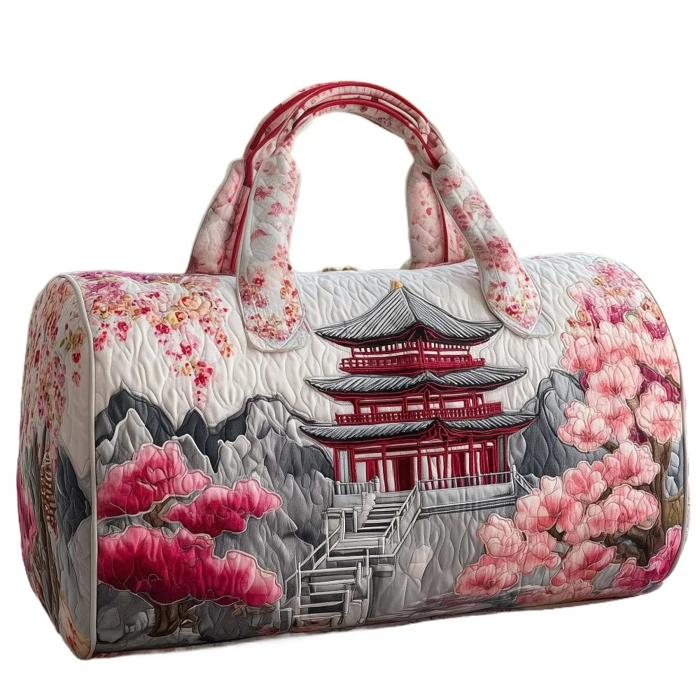 Japanese Style 3D Quilted Travel Tote Bag Cherry Blossom Pagoda Print Lightweight Carry-On Duffel Vintage Oriental Gift Travel