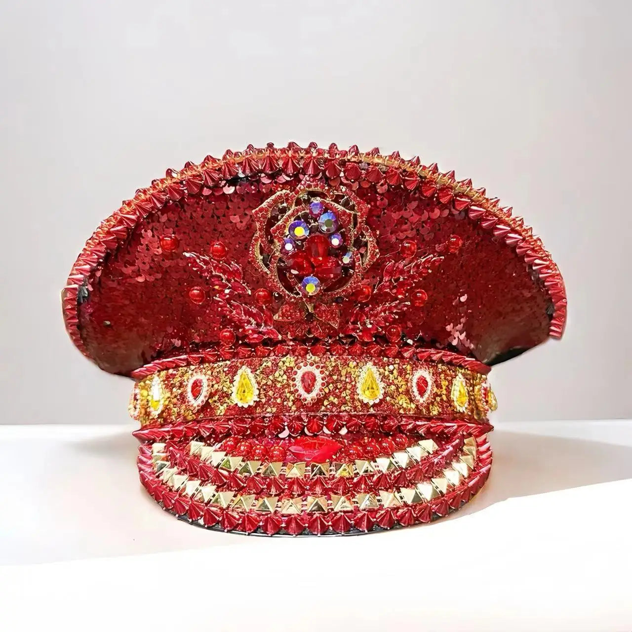 Red Rose Bling Captain Hat Rhinestone for Woman Steampunk Military Cap for Men Burning Man Music Festivals Accessories