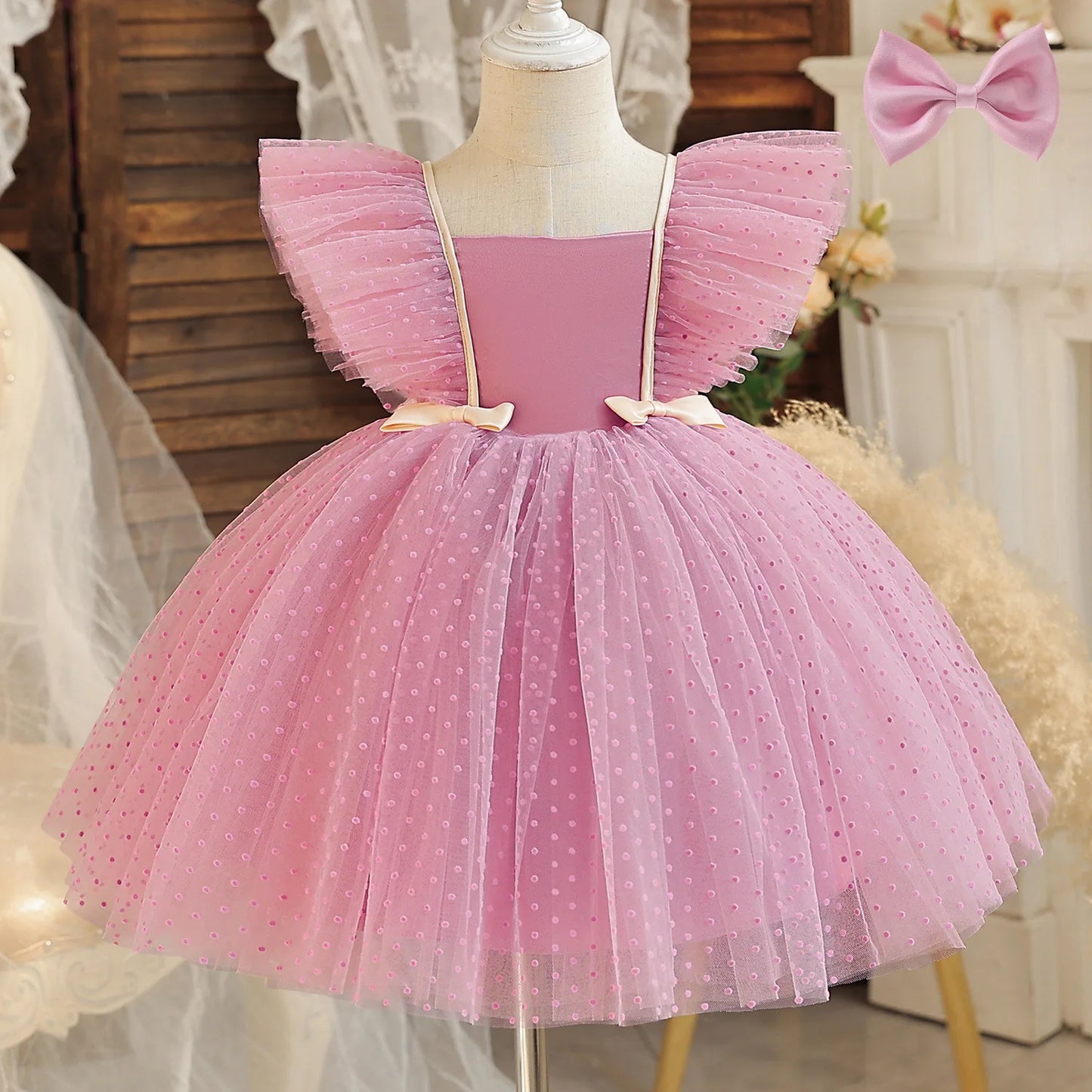 Girls Flying Sleeves Polka Dot Mesh Princess Dress Children Performance Fluffy Costume for Christmas New Year Party