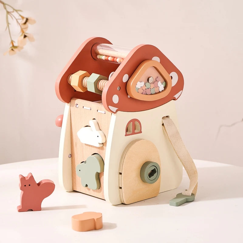 Wooden Building Block For Babies Music Percussion Game Newborn Education Mushroom House 5 in 1 Cartoon Animal Shape Matching Toy