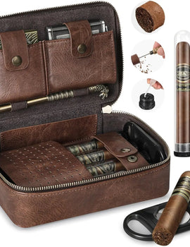 Cigar Humidor, Leather Travel Cigar Case, Include 4 Cigar Tubes & Humidifier, Cigar Draw Enhancer and Multifunction Cigar Cutter