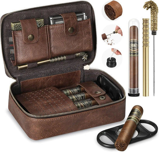 Cigar Humidor, Leather Travel Cigar Case, Include 4 Cigar Tubes & Humidifier, Cigar Draw Enhancer and Multifunction Cigar Cutter