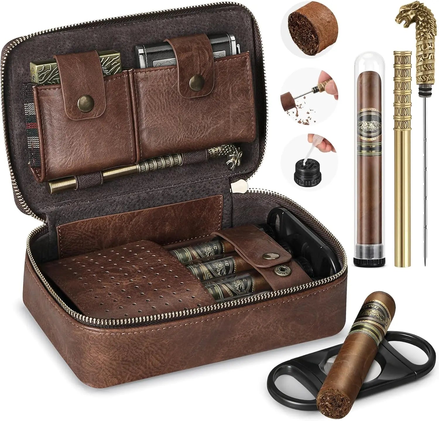 Cigar Humidor, Leather Travel Cigar Case, Include 4 Cigar Tubes & Humidifier, Cigar Draw Enhancer and Multifunction Cigar Cutter