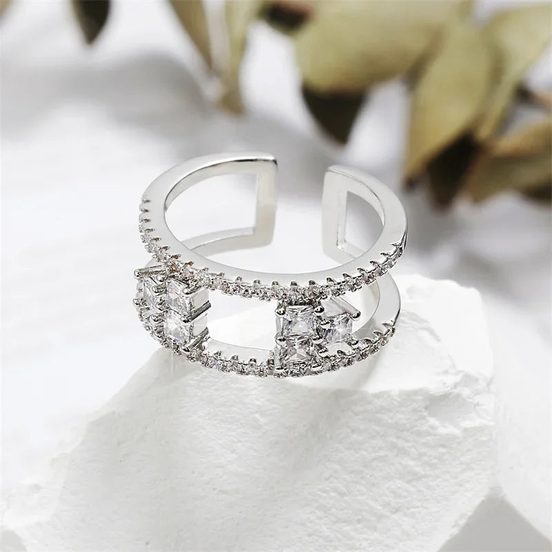 Geometric Double Layer Open Rings for Women Korean Fashion Delicate Inlaid Cubic Zircon Ring