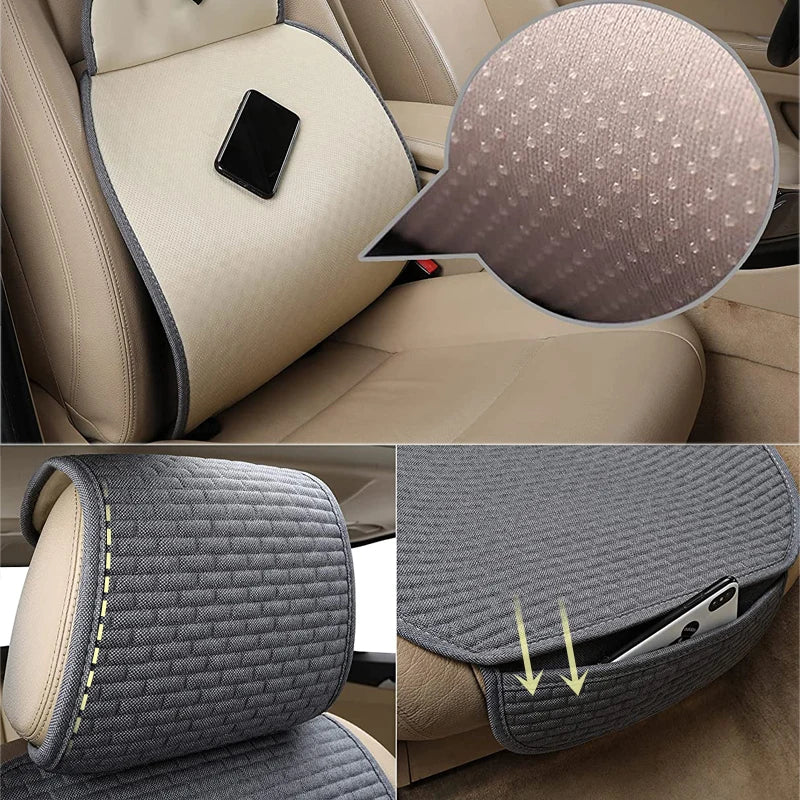 Karcle Car Seat Cover Full Set Front Rear Linen Car Cushion Breathable Universal Seat Pad Auto Protector Mat Interior Accessory