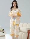 2-Pcs Women’s Summer Cotton Pajama Set – Short Sleeve Top & Calf-Length Pants with Cute Prints