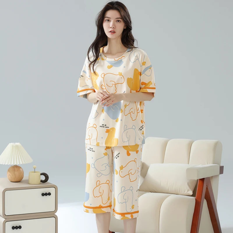 2-Pcs Women’s Summer Cotton Pajama Set – Short Sleeve Top & Calf-Length Pants with Cute Prints