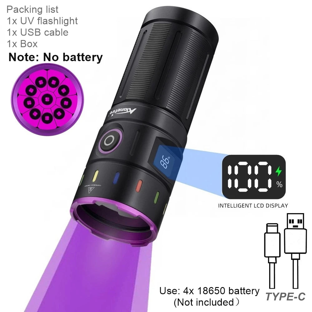 200W 365nm UV Blacklight Rechargeable Flashlight