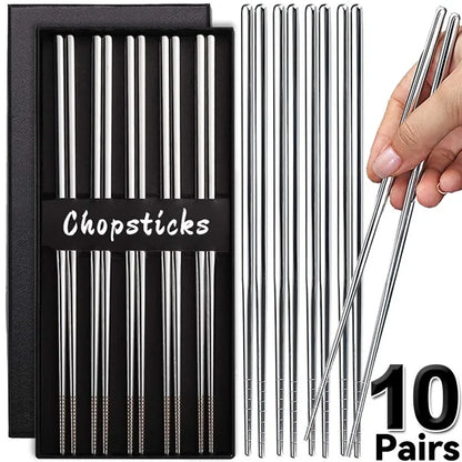 10/1Pairs Stainless Steel Chopsticks Reusable Japanese Sushi Food Metal Chopstick Household Kitchen Stick Tableware Cutlery Sets