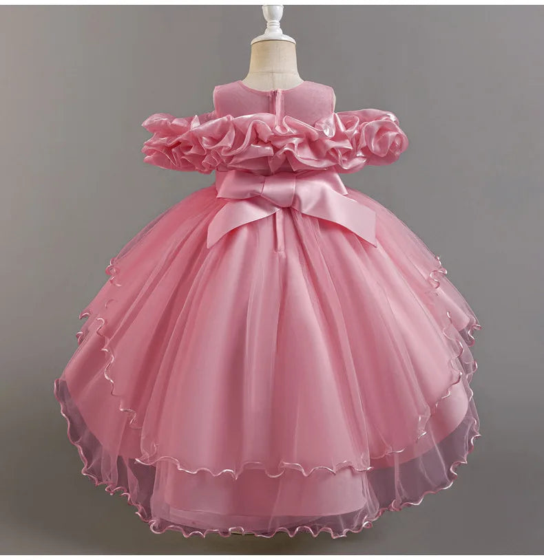 Luxury Off-Shoulder Gown with Train for Girls  Tulle Dress for Fashion Walk Show & Pageants