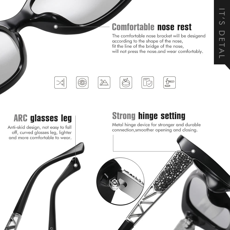 Diamond Frame Photochromic Polarized UV400 Fashion Sunglasses for Women Travel Glasses