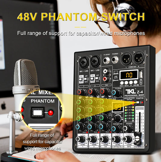 4 Channel Audio Mixer With 99 DSP Effects Bluetooth USB And 48V Phantom Power