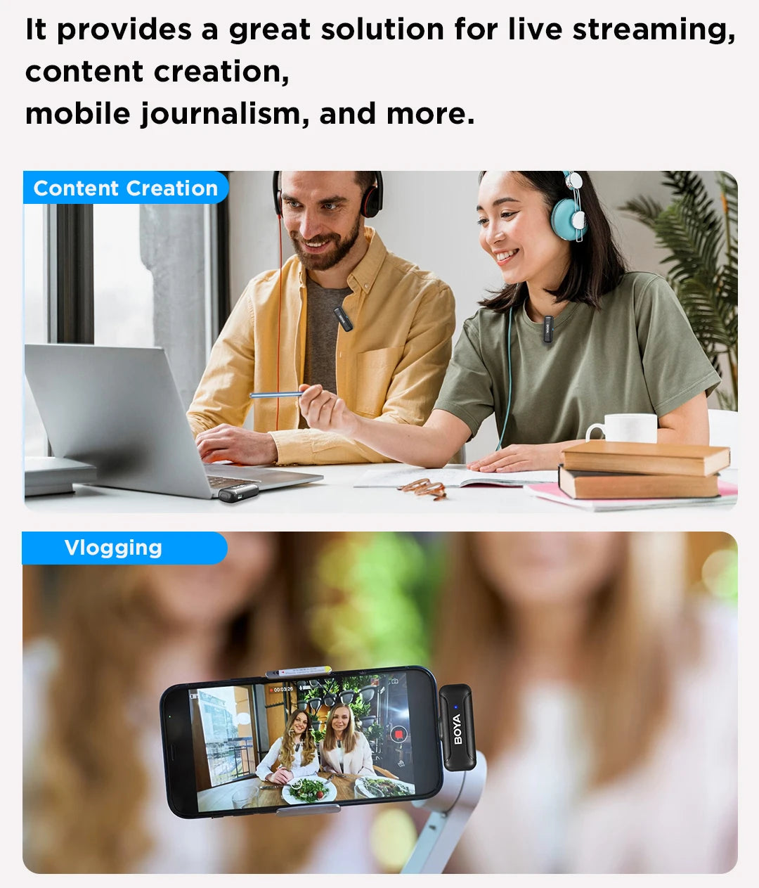 BY-WM3T Wireless Lavalier Lapel Microphone for iPhone Andriod Smartphone DSLR Cameras Live Streaming Youtube Recording Vlog