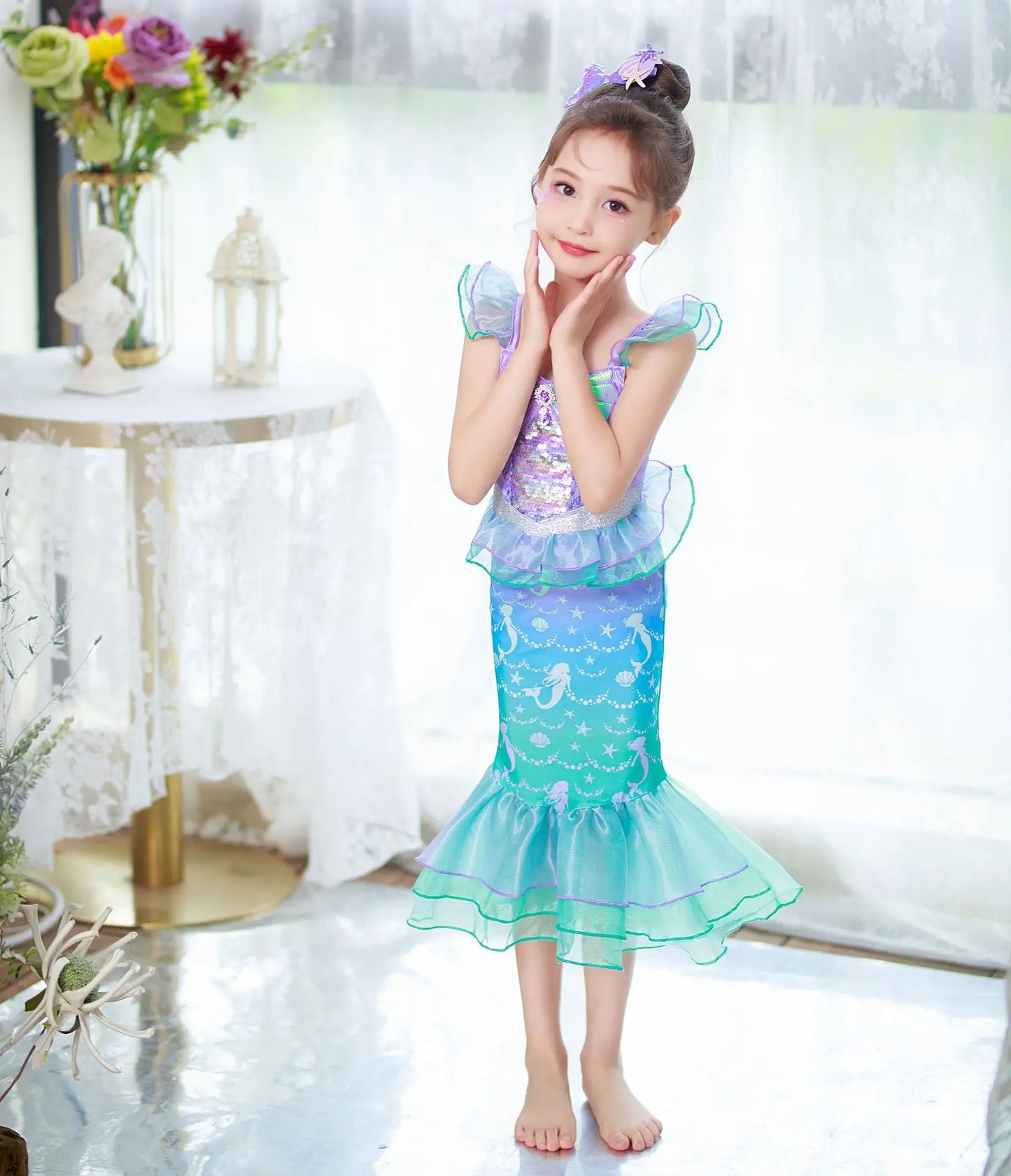 Mermaid Princess Dress for Girls - Summer flutter sleeves Sequin Tulle Dress Sparkling Ocean Themed Party Gown