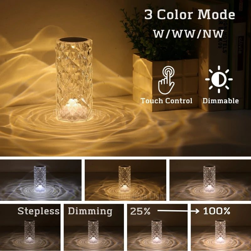 LED Round Crystal Table Lamp Touch Remote Control RGB Romantic Rose Color Changing