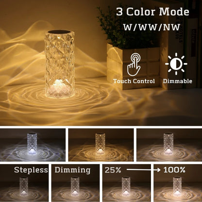 LED Round Crystal Table Lamp Touch Remote Control RGB Romantic Rose Color Changing