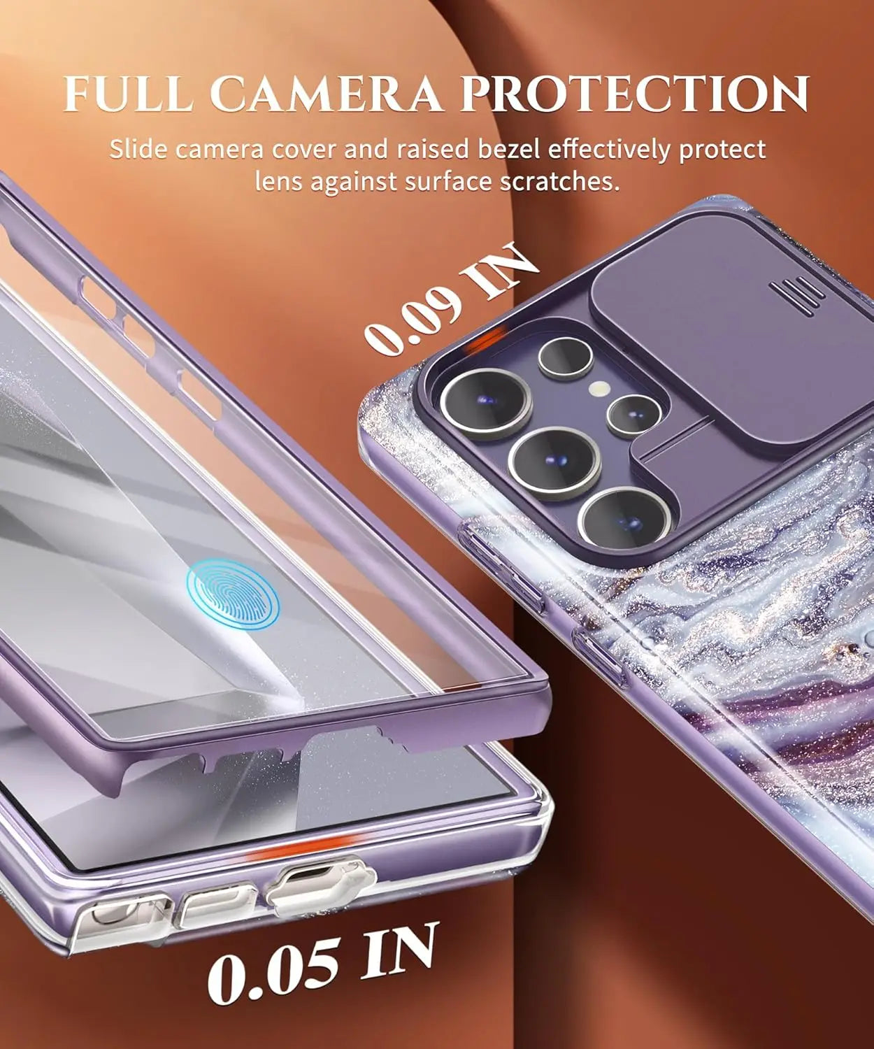 For Samsung Galaxy S24 Ultra Case with 2 Front Frames Slide Camera Lens Protection Heavy Duty Shockproof Marble Phone Case Cover