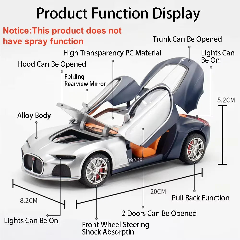 1:24 Scale Bolide Atlantic Car Model Toy Alloy Body Rubber Tire Shock Absorption Vehicle Models Sound&Light Ornaments Gifts
