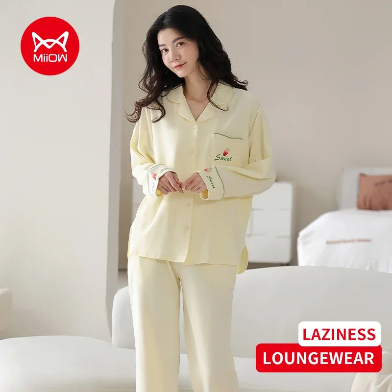 Women’s Winter 100% Cotton Pajama Set – Loose Fit, Turn-Down Collar, Long Sleeves, Cute Pink